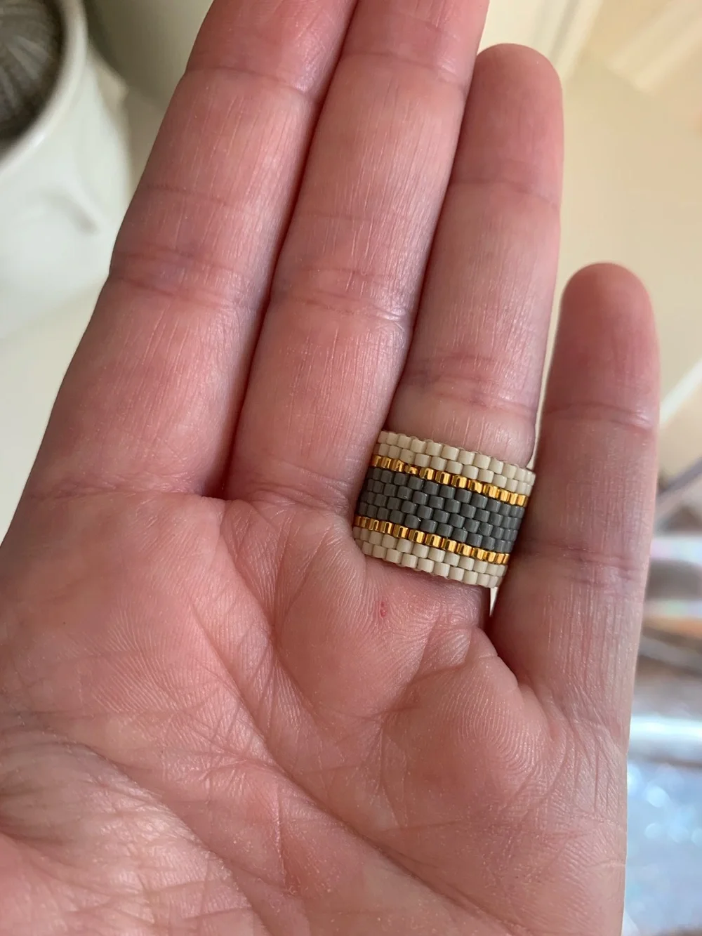 Maasai Beaded Ring Wide – Cream Grey & Gold Handmade woven mesh ring NEW